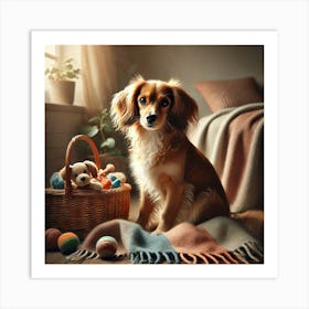 Cozy Pup Moment: An Adorable Dog Relaxing Next to a Basket of Toys in a Warm, Inviting Setting Art Print