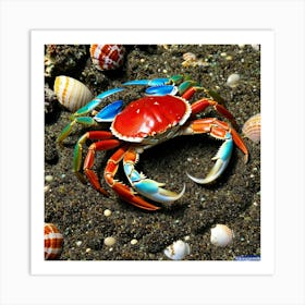 Crab Crustacean Marine Shellfish Ocean Beach Claw Legs Pincers Red Blue Green Brown Whi (1) Art Print