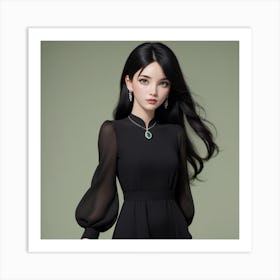 Asian Woman In Black Dress Art Print