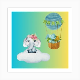 Baby Elephant And Hot Air Balloon Art Print