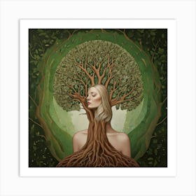 Firefly Fantasy, Woman, Tree, Elements, Green, Brown, Painting, Surreal, Speakeasy, Vibe, Realistic, (9) Art Print