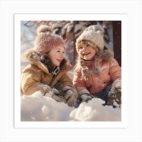 Two Children Playing In The Snow Art Print