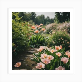 Pink Tulips In The Garden 1 Art Print