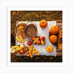 An Idyllic Rustic Autumn Setting A Basket Brimming With Fresh Harvest Of Corn And Pumpkin Wood Br (4) Art Print