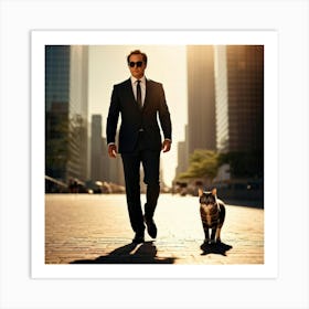 Businessman Wearing Sunglasses Accompanied By A Cat Playing At His Feet Downtown Skyscrapers Loomin (6) Art Print