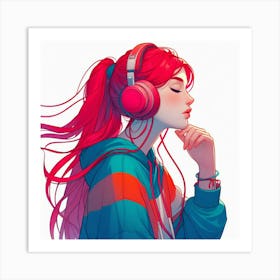 Girl With Red Hair Listening To Music Art Print