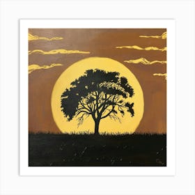 a tree with a yellow sun in the background and a brown sky above it Art Print