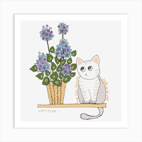 Cute Cat With Flowers Funny Design Art Print