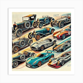 Evolution Of Iconic Cars Printed Art A Stunning Illustration Showcasing The Evolution Of Iconic Cars Through The Ages, Perfect For Adding Style And Passion To Any Car Lover’S Space Printed Art Art Print