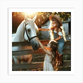 Two Little Girls Petting A Horse Poster