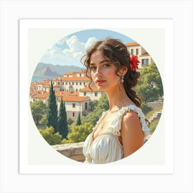 Graceful Greek Woman In Watercolor, With The Classic Charm Of An Ancient Town Behind 1 Art Print