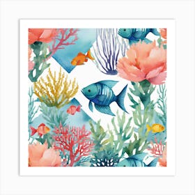 Peaceful Retreat Combine, Featuring Soft Watercolor Florals In Pastel Shades With C ,COLOR FISHES , SEA ART ,Seamless Pattern With Corals And Fish 1 Art Print