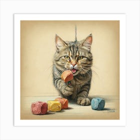 Cat Playing With Toys Art Print