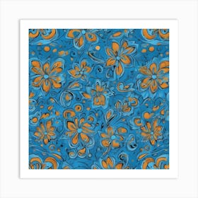 Blue And Orange Flowers Art Print