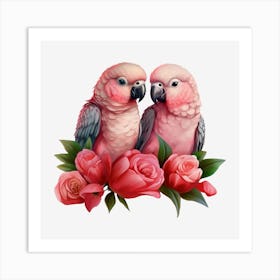 Parrots And Roses 1 Art Print