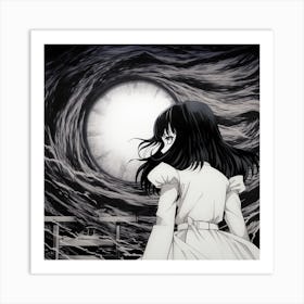 creepy girl enourmous eye black and white manga Junji Ito style Art Print