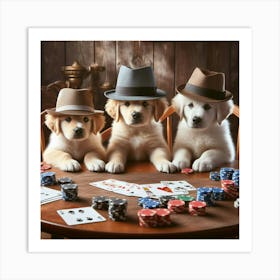 Three Golden Retrievers Playing Poker 1 Art Print