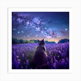 Cat Looking At The Milky-Way In A Field Of Lavender Art Print