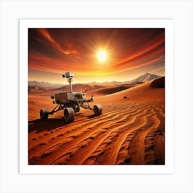 Vehicle on Mars exploring the red planet, with mountains in the background. Art Print