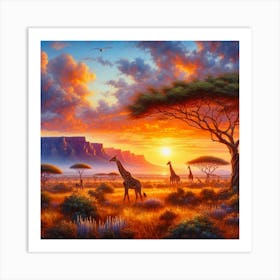 Sunset Giraffes Art Print