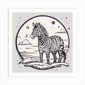Sticker Art Design, Zebra Howling To A Full Moon, Kawaii Illustration, White Background, Flat Colors (1) 1 Art Print