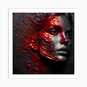 Portrait Of A Woman's Face - An Embossed Abstract Artwork In Red and Silver Color Metal Work. Art Print