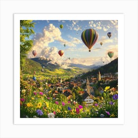 Hot Air Balloons in Switzerland Town Art Print