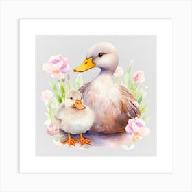 Watercolor Spring Mama And Baby Ducks Art Print