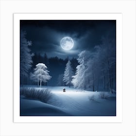 Snowy Forest At Night Art Print