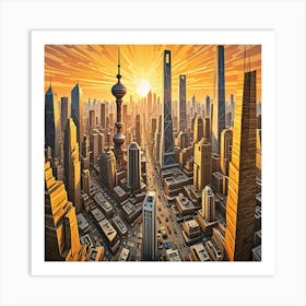 Shanghai, China Cubism Style Art Print