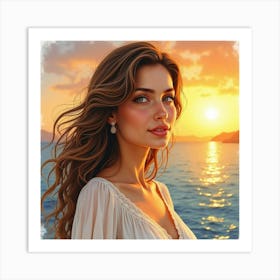 A Watercolor Depiction Of A Charming Greek Woman With A Golden Sunset In The Background 1 Art Print