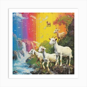 Abstract Rainbow Retro Mountain Goats Art Print