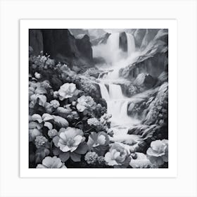 Waterfall With Flowers Art Print