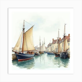 An English Fishing Harbor With Boats And Fishermen, Watercolor Painting Art Print