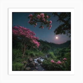 Pink Flowers In The Forest Art Print