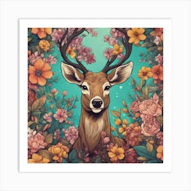 Deer With Flowers Art Print