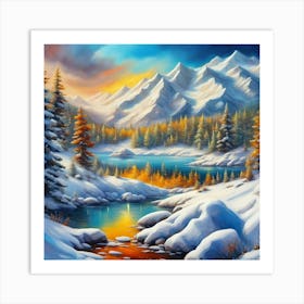 Montain lac oil painting abstract painting art 1 Art Print