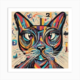 An Image Of A Cat With Letters On A Black Background, In The Style Of Bold Lines, Vivid Colors, Grap (8) Art Print