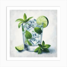Lime Light: A Lively and Inviting Painting of a Cocktail Glass with Ice Cubes and a Slice of Lime Art Print