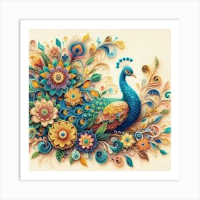 Peacock on flower branch 2 Art Print