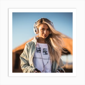 Young Woman With Headphones Art Print