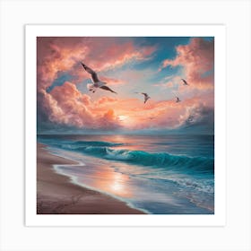 Seagulls At Sunset Art Print