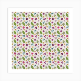 Pattern Flowers Leaves Green Purple Pink Art Print