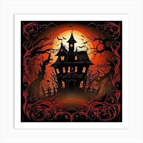 A Fiercely Blazing Haunted House Banner Devilishly Shadowed And Skittish Across The Eerie Pattern O (1) 2 Art Print