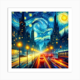 Neon Sonata of the Cityscape, Inspired by Vincent van Gogh's swirling Starry Night and emotive brushstrokes 3 Art Print