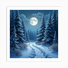 Moonlit Path Through A Magical Snow Covered Forest 1 Art Print