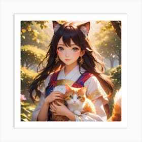 Beautiful anime girl with cat Art Print