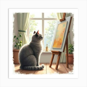 A Serene British Shorthair Watching Its Owner Paint In A Studio, Watercolor 1 Art Print