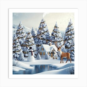 Winter Scene With Deer Art Print