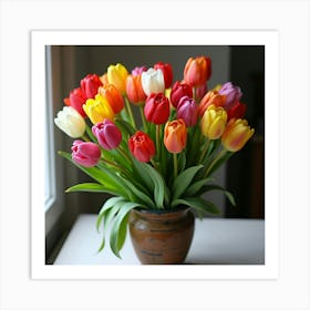 A Bunch Of Colorful Tulips Arranged In A Rustic Vase 4 Art Print